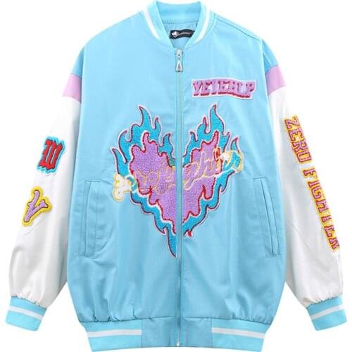 Couple Flame Love Embroidery Baseball Uniform Men Contrast Stitching PU Leather Jacket Preppy Zipper Fashion Leather Outwear