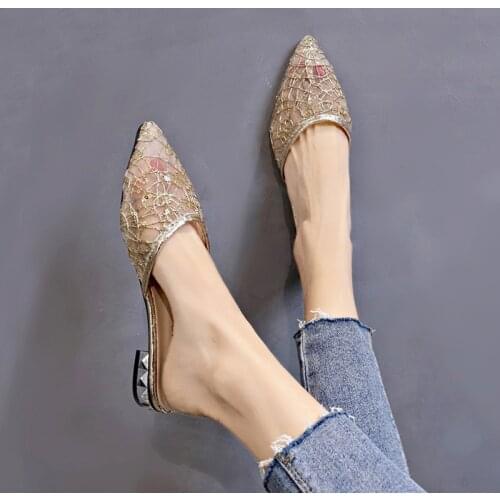 Transparent air mesh pointed toe mules crystal square heel slip on lazy casual slippers gold/silver bling trendy slides female