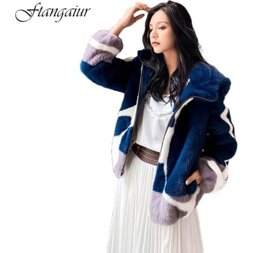 Ftangaiur 2019 Winter Import Purple label Velvet Mink Fur Coat Contrast Color Hood Mink Coat Womens Short Real Mink Fur Coats