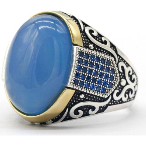 New authentic sterling silver antique Turkish blue zircon ring and blue agate stone mens colorful punk rock jewelry