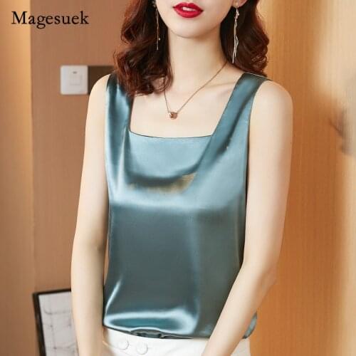 Clothes 2021 Women Camis Fashion Sleeveless Top for Summer New Square Collar Vest Satin Spaghetti Strap Tank Top Blusas 14012