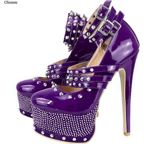 Olomm 2021 Handmade Women Pumps Rhinestone Stiletto Heels Pumps Round Toe Gorgeous 9 Colors Club Wear Shoes Women US Size 5-20