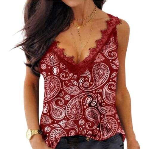 Plus Size Summer Sexy Women Vest Floral Print Slim V Neck Shoulder Strap Blouse Party Fashion Casual Loose Tanks Top