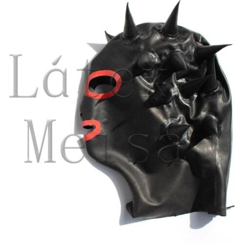 Horned design adults' black latex bondage hood open nostrils & eyes & mouth with back zipper what is made of 100% natural latex