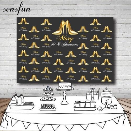 Sensfun Women Gold Heels Black Theme Photography Backdrop Happy 50th Birthday Party Backgrounds For Photo Studio 7x5FT Vinyl