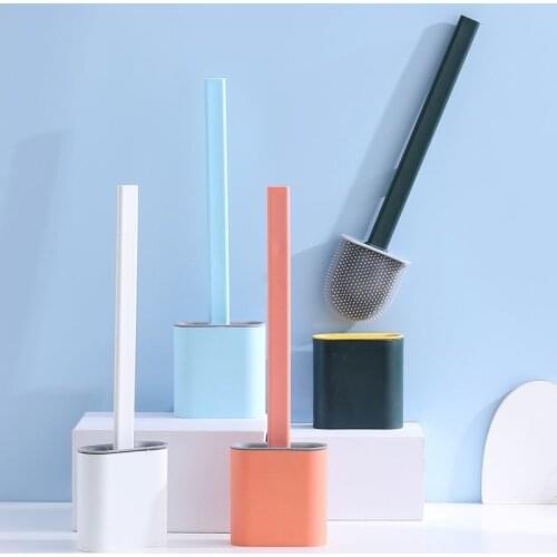 Toilet Brush Water Leak Proof With base Silicone Wc Flat Head Flexible Soft Bristles Brush with Quick Drying Holder Set Hogar
