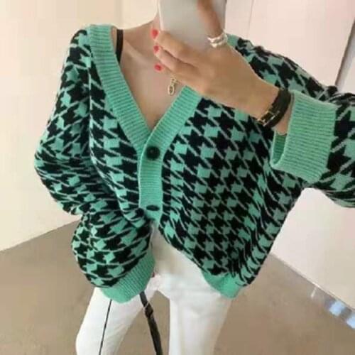 YUZACDWX Vintage Houndstooth Knitted Cardigan Women 2019 Single Breasted Loose Winter Sweater Coat Casual Long Sleeve Cardigan