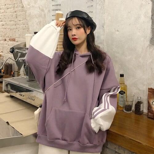 Hooded Sweatshirt Womens Autumn And Winter New Style Stitching Pocket Loose Korean Style Plush Coat Harajuku Style Em