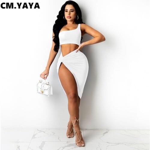 CM.YAYA Women Set Solid Sleeveless One Shoulder Crop Tops Splited Skirts Two 2 Piece Sets Sexy Fashion Outfit Summer Tracksuits