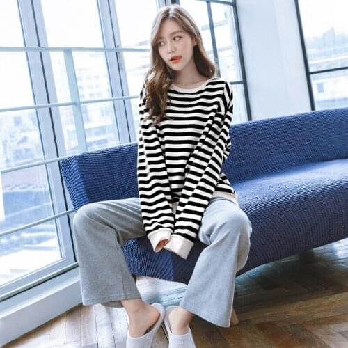 Women Loose Cotton 2PCS Pajamas Suit Striped Top&Pant Sleepwear Casual Nightwear M-XXL Pyjama Spring Autumn New Home Clothes