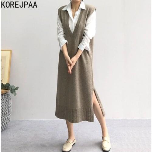 Korejpaa Women Dress 2021 Autumn Korea Elegant Temperament Ladies Deep V-Neck Casual Knitted Pullover Split Sweater Vestidos