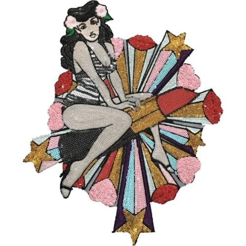 10x13 inch Sexy Women fly with Lipstick Sequined Iron on Patches for Clothes Lady Sequins Applique Patch DIY Sewing Repair