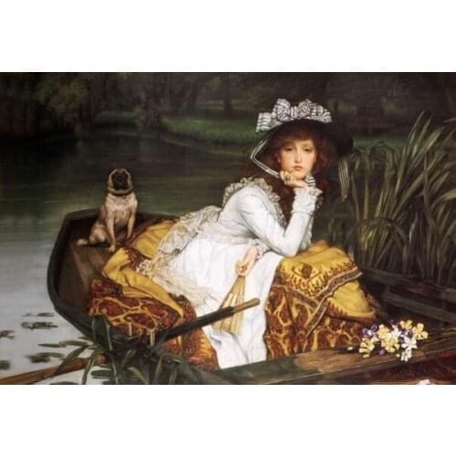 Free shipping classical court figure girl boat lakeside canvas prints oil painting printed on canvas wall art decoration picture