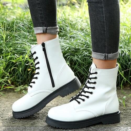 Rimocy Black Lace Up Platform Womens Ankle Boots 2021 White Pu Leather Thick Heel Motorcycle Boots Women Autumn Shoes Woman 43