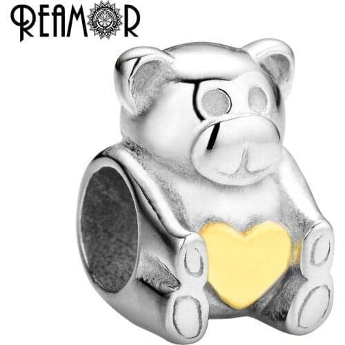 REAMOR Stainless steel Cartoon Bear & Heart European Beads for Bracelets Bangles DIY Women Jewelry Making Metal Bead Accessories