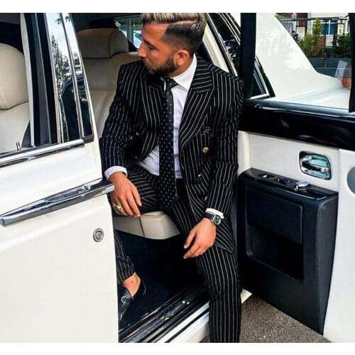 Formal Black Stripe Mens Coat Suits Custom Made Plus Size Business Best Man Jacket Blazer 2 Pieces ( Jacket+Black Pants)