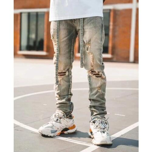 New mens male fashion Mud-colored ripped holes distressed drawstring trousers zipper decoration high street jeans denim pants