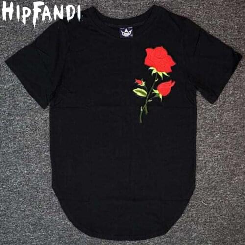 HIPFANDI High Street 2020 Fashion Men Brand Hipster Rock Rapper Hiphop Rose Embroidery Short Sleeve T-shirt Extended Tee Shirt