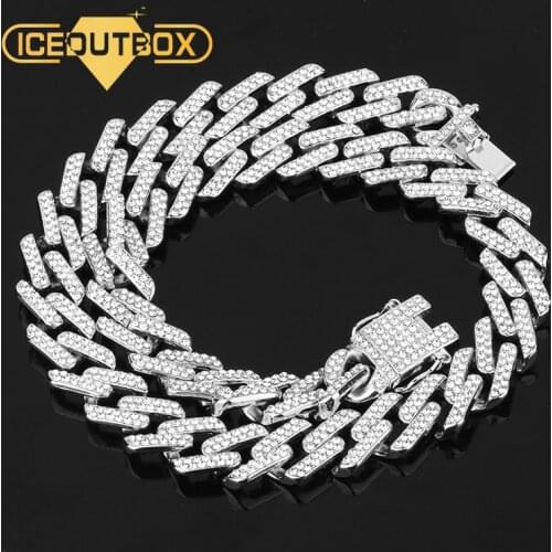 ICEOUTBOX Miami Curb Cuban Chain Men Hip Hop Necklace Full Of Rhinestone Gold Chain Iced Out Bling Punk Style Jewelry Dropship