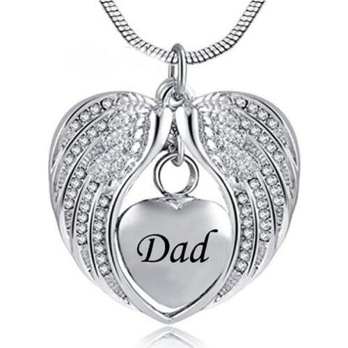 JJ007 Free Engraving Dad/Mom/Son/Grandma/Grandpa/Husband In My Heart Cremation Urn Necklace With Crystal Wing Memorial Jewelry
