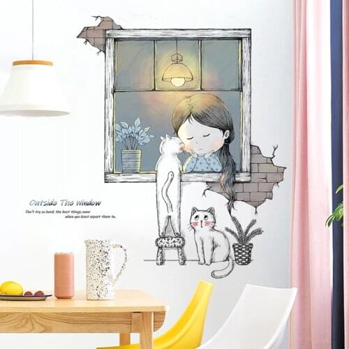 Creative Modern Wall Stickers Living Room Bedroom Wall Decoration Girl and Cat Dormitory Home Decor DIY Vinyl Wallpaper