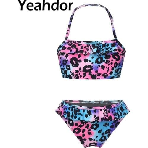 Summer Kids Girls Beach Swimwear Print Bikini Set Adjustable Halter Neck Sleeveless Crop Top Ruffle Hem Briefs Set Bathing Suit