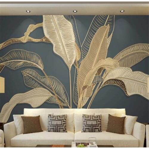 Milofi custom 3D mural wallpaper wall covering atmosphere banana leaf light luxury gold line relief TV sofa background wall