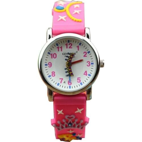 Fashion girls' 3D cute Princess dial quartz watch promotion kids pink crown waterproof silicone dresswatch
