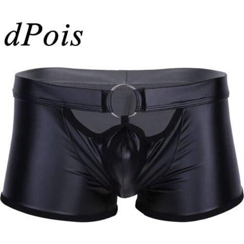 Sexy Men Bulge Pouch Boxer Briefs Shorts Lingerie Leather Sissy Underwear Underpants & O-Ring Erotic Panties Clubwear Swimwear
