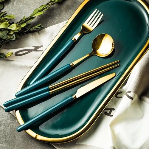 Retro Gold Cutlery Set Forks Knives Spoons Chopsticks 18/10 Stainless Steel Household Dinner Tableware Hotel Restaurant Utensils