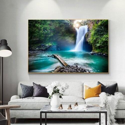 Waterfall Forest Nature Landscape Canvas Painting Poster Wall Art Scenery Modular Pictures for Living Room Home Decor No Frame