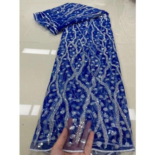 Latest African French Tulle Lace Fabric With Sequins Embroidery Net Lace 2021 Top Quality Mesh Lace For Wedding Dress Royal Blue