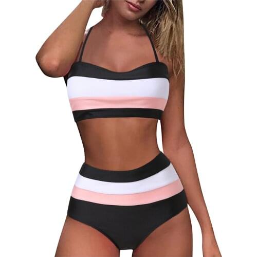 Sale Swimwear Women Bandeau Padded Push Up Print High Waist Two Piece Swimwear Halter Tankini Burkini Mujer Bikinis 2021 Mujer