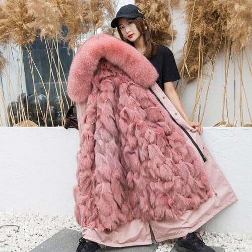 RosEvans Real Fox Fur Jackets Coats Woman Winter 2020 New Womens Long Fur Collar Parka Detachable Fur Liner Removable Plus Size