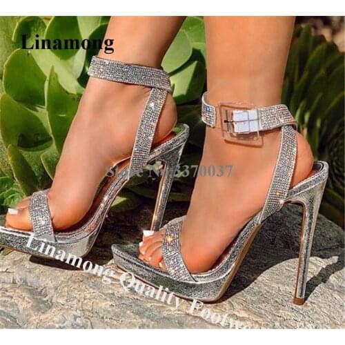 Linamong Bling Bling Rhinestone Stiletto Heel Gladiator Sandals Silver Black Crystal Ankle Straps Buckle High Heel Sandals Heels