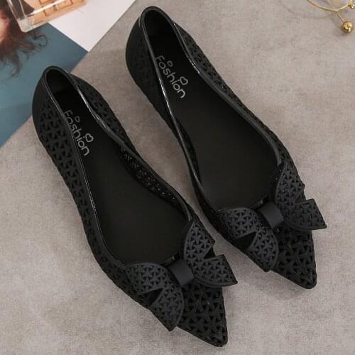 Window Style hollowed bow-knot pointed toe loafers woman slip on jelly sandals shoes women outside antiskid cut out flats mujer