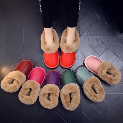 Cowhide Slippers Leather Cotton Shoes Winter Home Furnishing Men And Women Indoor Non-slip Bag With Warm Leather Slippers