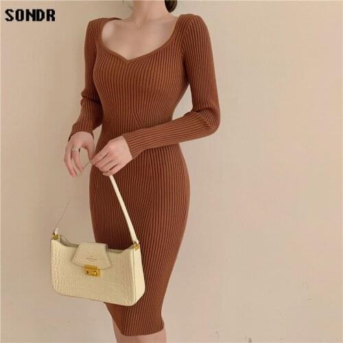 Korean V-Neck Knitted Sweater Dress 2021 Autumn Winter WomenS Clothing WomenS Slim Knitted Dress Midi Base Thick Sweater Dress