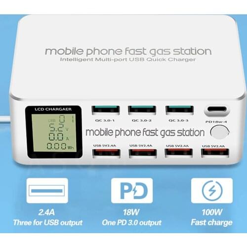 100W 8 Ports LCD Display Quick Charge 3.0 USB Charger Adapter HUB Type C PD Fast Phone Charger For iPhone Huawei Samsung Xiaomi