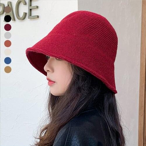 Women Bucket Hat Basin Caps Outdoor Travel Visor Hat Solid Color Wool Bucket Hat Drawstring Fisherman Vintage Knitted Basin Cap