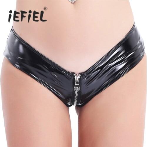 Womens Femme Sexy Lingerie Panties Shiny Leather Zipper Crotchless Bikini Briefs Underwear Underpants for Clubwear Sexy Knickers