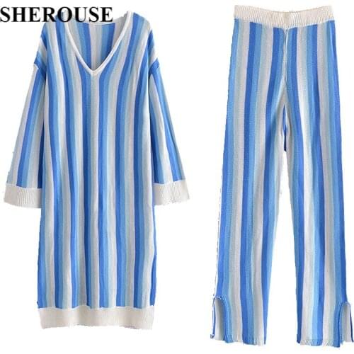2021 Women Fashion Two Piece Set Striped Long Sleeves Long Shirt Vintage Wide Leg Trousers Woman Outfit Pants Sets Suits