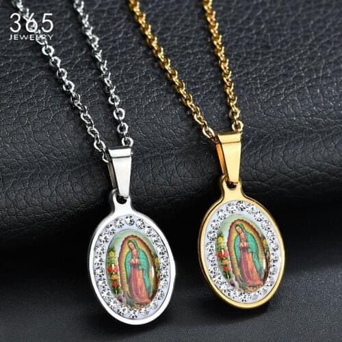 High Quality Gold Color Stainless Steel Virgin Mary Pendant Necklace Rhinestone Madonna Women Necklace For Christian