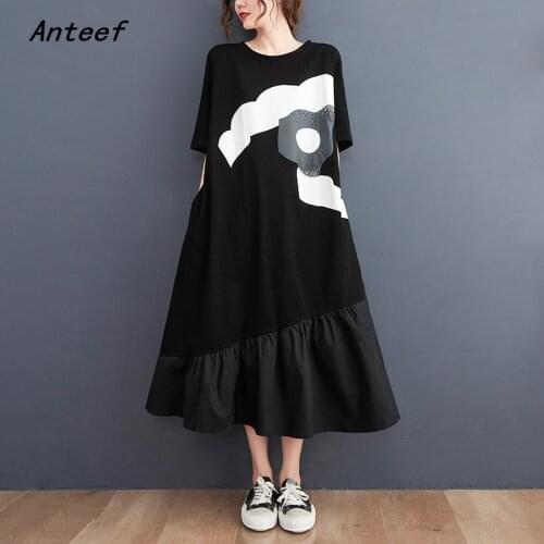Short sleeve black cotton vintage print dresses for women casual loose long woman summer dress elegant clothes 2021