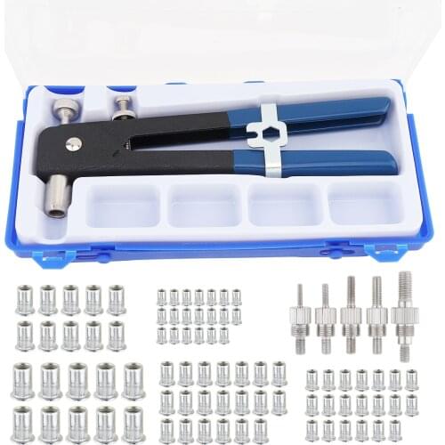 106pcs/set Aluminum Alloy Manual Pull Rivet Gun Tool Sets with 10 Kinds of Rivet Nuts and Plastic Box for Furniture Decoration