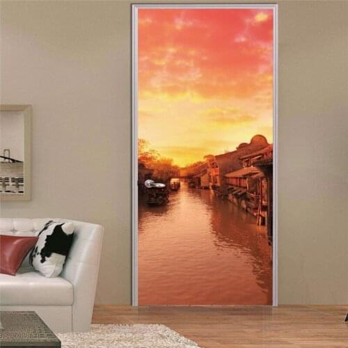 3d Door Sticker Mural Art Natural Evening Water Town Landscape Adhesive Wall Poster Stickers Decor Home Gate Wallpaper For Tile
