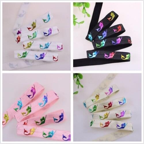 5 colors Rainbow hologram foil mermaid printed foe elastic 5/8" 15mm fold over elastic,50 yards/roll