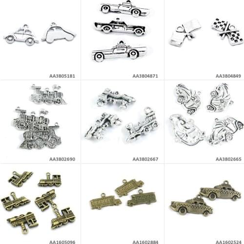 Antique Bronze Silver Plated Jewelry Making Charms Taxi Compact Car School Bus Locomotive Train Classic Racing Flag Craft