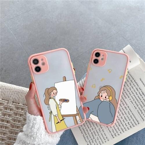 Aesthetic cartoon girl Phone Case For iPhone 12 11 Mini Pro XR XS Max 7 8 Plus X Matte transparent Pink Back Cover