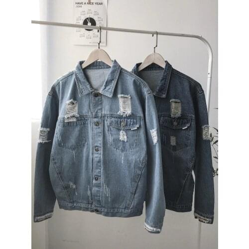 Men Cotton Outwear Jacket Fashion Men Light Blue Denim Jackets Holes Jean Male Jackets Streetwear Casual Coats